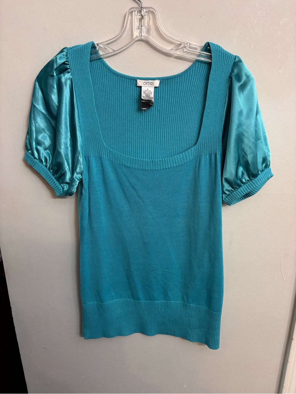 Vintage Cache Turquoise Satin Puff Sleeve Sweater Top Y2K L
